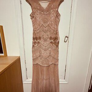Miss Selfridge Embellished Long Dress | Nude Blush | Art Deco
